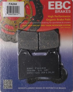 FA244 EBC BRAKES Organic тормозные колодки APRILIA, BENELLI, BIMOTA, BMW, CAGIVA, DUCATI, GENERIC, HONDA, HOREX, HUSQVARNA, KEEWAY, KTM, MAGNI, MOTO GUZZI, MOTO MORINI, MV, NORTON, SACHS (HERCULES), SCORPA, SUZUKI, Ural, VICTORY, VOXAN, YAMAHA 1994-2013 года выпуска