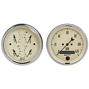 3-3/8" QUAD GAUGE &amp; сподометр, ANTIQUE BEIGE AUTO METER #1800 Kit Box Elec Speedo & Elec Oil Press., Water Temp., Volt, and Fuel Level