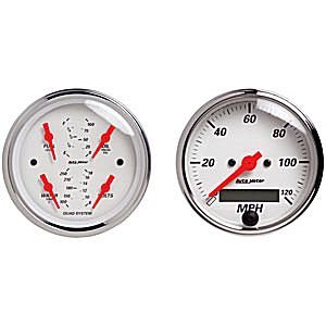 3-3/8" QUAD GAUGE &amp; сподометр, ARCTIC WHITE AUTO METER #1308 Kit Box Elec Speedo & Elec Oil Press., Water Temp., Volt, Fuel Level