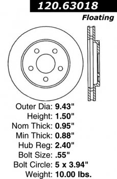 Передний тормозной диск - с перфорацией и насечками DODGE, PLYMOUTH EDS.63018 Выпуска 1985-1989 года