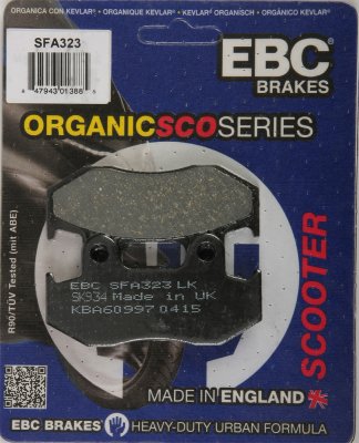 SFA323 EBC BRAKES Organic тормозные колодки  HONDA NES, PES, SCV, SES, SH, SH125i, SH150i; ITALJET Jack, Torpedo; MZ/MUZ Mantizz; W K BIKES Trial; YAMAHA YF 2000-2012 года выпуска