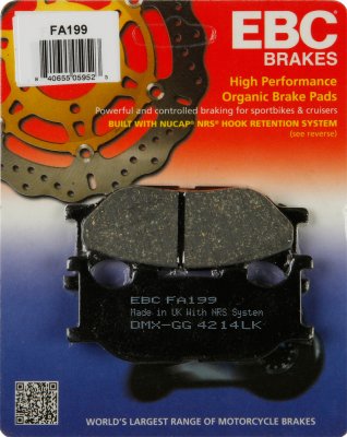 FA199 EBC BRAKES Organic тормозные колодки  ITALJET Jupiter; LINHAI Main Street, Monarch; MBK YP; SINNIS QM; YAMAHA CP, FZ, MT, SR, TDR, TZR, XJ, XP, XV, YP 1993-2012 года выпуска