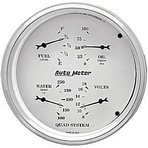 5" QUAD GAUGE, OLD TYME WHITE AUTO METER #1610 Quad Gauge Oil Press. / Water Temp. / Volt / Fuel Level