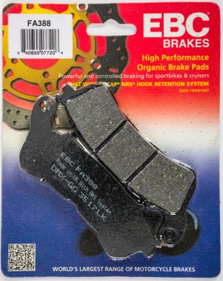FA388 EBC BRAKES Organic тормозные колодки  HONDA CB, CBF, CBR, DN, FES, NC, NSS, NT, PS, SH, ST, SW-T, VFR, VT, XL; SUZUKI C, UH, UX 2004-2012 года выпуска