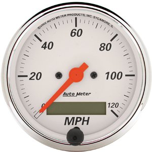 3-1/8" сподометр, 120 MPH, ELEC, ARCTIC WHT/RED PTR AUTO METER #1388 Speedometer Elec. Programmable