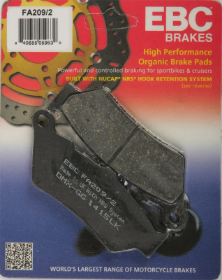 FA209/2 EBC BRAKES Organic тормозные колодки APRILIA, BMW, DUCATI, HONDA, HUSQVARNA, ITALJET, KTM, MOTO GUZZI, MOTO MORINI, TRIUMPH, VICTORY, YAMAHA 1993-2012 года выпуска