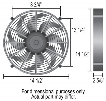 16214 DERALE Вентилятор High Output 14" CFM 2100/1500  CFM high/low: 2100/1500 Подребление тока макс/мин: 22/16.2 Ширина: 14-1/2" Высота: 14-1/2" Глубина: 2-5/8" Монтажный размер: 8-3/4" x 13-1/4" 