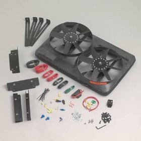 298 Flex-a-Lite Электрический вентилятор 13.5" Двойной вытяжной охлаждения двигателя черный   Fan shroud is 17.5" tall by 27.5" wide and 4" thick Universal brackets designed for easy installation Dual 13.5-inch, 8 blade fans flows air up to 2740 single and 4600 dual cubic feet per minute to provide constant cooling, regardless of engine RPM Draws 16 amps single and 28 amps for dual fan Extends water pump life  