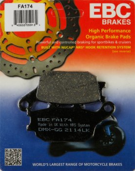 FA174 EBC BRAKES Organic тормозные колодки  HONDA CB, CBF, CBR, NC, VRX, VT, VTR, VTX, XL; KAWASAKI KLV, KLZ, Z; SUZUKI DL, GSF, GSR, GSX, SV; YAMAHA Fazer, FZ, YZ 1991-2012 года выпуска
