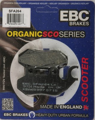 SFA264 EBC BRAKES Organic тормозные колодки ADIVA SCOOTERS, BAROSSA, CAGIVA, GARELLI, GENERIC, LAMBRETTA, PEUGEOT, PGO, SYM, TGB, Zero (Electric Motorcycles) 1993-2012 года выпуска