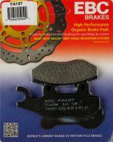 FA197 EBC BRAKES Organic тормозные колодки AJS, BENELLI, CCM, CPI, DAELIM, GARELLI, GENERIC, GOES, H.P. POWER, HERO HONDA, HONDA, HYOSUNG, ITALJET, KAWASAKI, KEEWAY, KYMCO, MOTOM, MZ/MUZ, PEUGEOT, PGO, QUADZILLA, SINNIS, SUZUKI, SYM, W K BIKES, WUYANG, YA