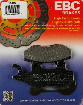 FA197 EBC BRAKES Organic тормозные колодки AJS, BENELLI, CCM, CPI, DAELIM, GARELLI, GENERIC, GOES, H.P. POWER, HERO HONDA, HONDA, HYOSUNG, ITALJET, KAWASAKI, KEEWAY, KYMCO, MOTOM, MZ/MUZ, PEUGEOT, PGO, QUADZILLA, SINNIS, SUZUKI, SYM, W K BIKES, WUYANG, YA 1992-2012 года выпуска