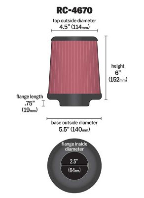 RC-4670 Фильтр воздушный конусный посадка 2.5 in (64 mm), высота 6 in (152 mm) 