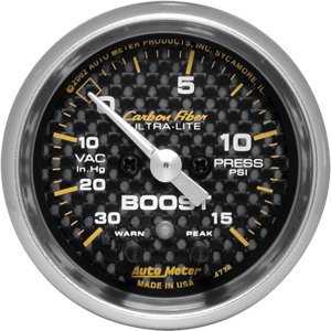 2" BOOST-VAC (давление наддува и разряжения), 30 IN. HG/ 15 PSI, FSE, CF AUTO METER #4776 Vacuum / Boostw/ Peak Memory and Warning
