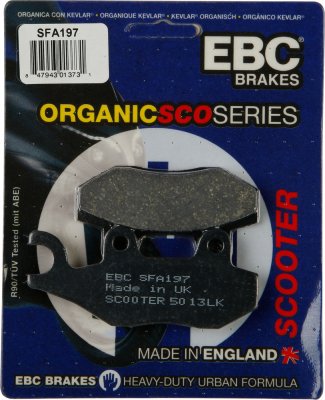 SFA197 EBC BRAKES Organic тормозные колодки AJS, BENELLI, CCM, CPI, DAELIM, GARELLI, GENERIC, GOES, H.P. POWER, HERO HONDA, HONDA, HYOSUNG, ITALJET, KAWASAKI, KEEWAY, KYMCO, MOTOM, MZ/MUZ, PEUGEOT, PGO, QUADZILLA, SINNIS, SUZUKI, SYM, W K BIKES, WUYANG, Y 1992-2012 года выпуска