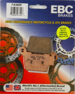 FA368R EBC BRAKES Organic тормозные колодки  BMW G; HUSABERG FE, FS570, FX450, TE; HUSQVARNA CR, SM, SMR, TC, TE, TE510, WR; KTM EXC, EXC-E, EXC-F, EXC-R, SMR, SX, SXC, SX-F, XC, XC-F; OSSA Enduro; RIEJU Marathon; SHERCO SE 2003-2012 года выпуска