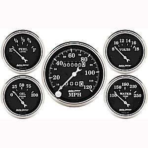 OLD TYME BLACK 5 PC. KIT BOX W/MECH сподометр AUTO METER #1708 Kit Box Mech Speedo & Elec Oil Press., Water Temp., Volt, and Fuel Level
