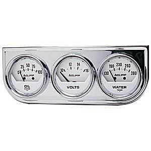 2" 3 панель приборов, OIL/ WATER/VOLT, MECH, CHROME AUTO METER #2325 Three-Gauge Oil Press. / Volt / Water Temp.